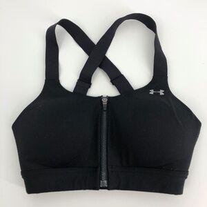 Under Armour Black Sports Bra 32C Fitted Front Close Zip Padded Cross Straps